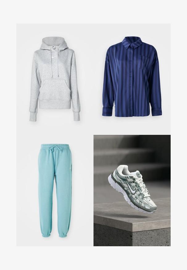 Sivá mikina s kapucňou na šnúrku, predným vreckom a rebrovanými manžetami. Na hrudi má malý biely logo Nike.; Námornícky modrá pruhovaná košeľa s golierom, vreckom na hrudi a dlhými rukávmi. Vyrobené z hladkej, lesklej tkaniny s voľným strihom.; Svetlo modré tepláky vyrobené z mäkkej tkaniny s elastickým pásom, detailom na šnúrku a elastickými manžetami na členkoch. Malé logo na boku.; Biela a sivá bežecká topánka Nike s tlmenou podrážkou, vznášajúca sa nad betónovým okrajom proti rozmazanému sivému pozadiu.