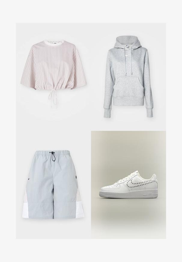 Hall halli pusakaga kapuutsiga, ees tasku ja soonilised mansetid. Rinnal väike valge Nike logo.; Lühikeste varrukatega lühike topp helesinise ja valge vertikaalsete triipudega. Varustatud nööriga alumises servas, et reguleerida sobivust.; Helehallid spordipüksid valgete küljetaskute, elastse vöörihma ja musta paelasilmusega, esitletud lihtsalt taustal.; Valge madala säärega tennisejalanõu perforeritud Nike logoga külgedel, valgete paeltega ja tekstuuriis tald neutraalsel taustal.