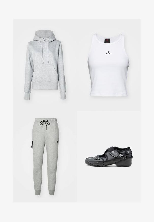 Sivá mikina s kapucňou na šnúrku, predným vreckom a rebrovanými manžetami. Na hrudi má malý biely logo Nike.; Biely crop tank top vyrobený z bavlny s rebrovanou textúrou. Obsahuje čierne logo Jordan v strede a klasický okrúhly výstrih.; Šedé tepláky vyrobené z mäkkého materiálu s pásom na šnúrku, zúženými nohavicami a zipsovou vreckom na ľavej strane. Obsahujú čierne logo.; Čierna Nike Air obuv s suchým zipsom, zdobená malými čiernymi kvetinovými ozdobami na boku a vpredu.