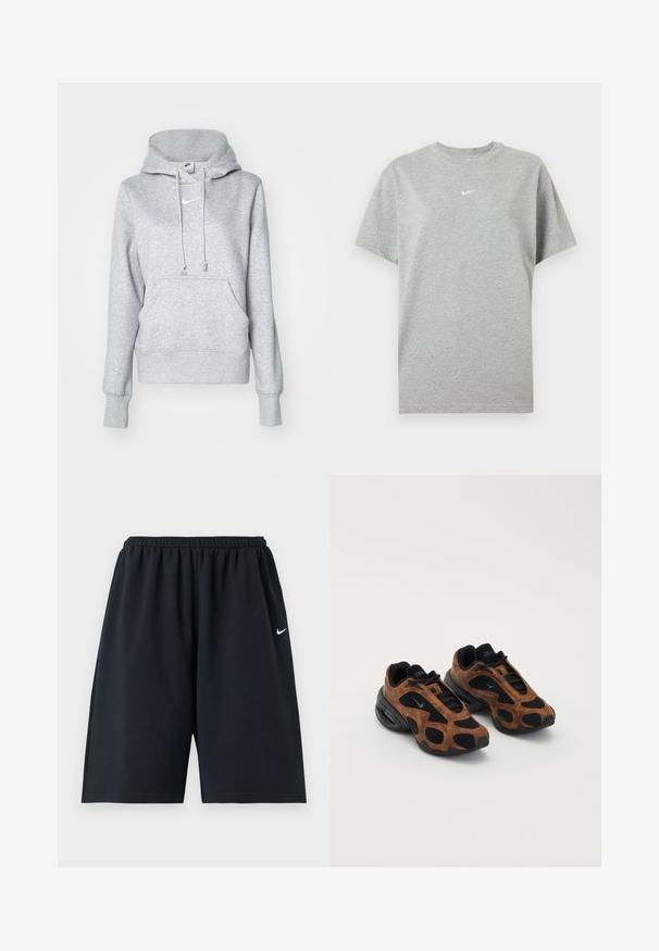 Hall halli pusakaga kapuutsiga, ees tasku ja soonilised mansetid. Rinnal väike valge Nike logo.; Hall lühikeste varrukatega puuvillane T-särk ümara kaelusega ja väikese valge Nike swoosh logo rinnal keskel.; Mustad Nike’i sportlühikesed püksid elastse vööga ja väikese valge Swooshi logoga paremal reiel, esitletud ühevärvilise taustaga.; Pruuni nahast ja mustast võrgust tenniseketsid ümarate kujunditega, millel on silmapaistvad lõiked ja jäme must tald.