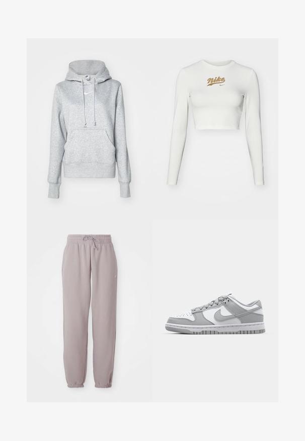 Grijze pullover hoodie met een capuchon met trekkoord, een voorzak en geribbelde manchetten. Voorzien van een klein wit Nike-logo op de borst.; Witte langemouwen crop top van een soepele stof, met een gouden Nike-logo op de borst en een klassieke ronde hals.; Licht paarse fleece joggingbroek met elastische tailleband, trekkoord, zijzakken en elastische boorden, plat weergegeven tegen een witte achtergrond.; Grijze en witte lage sneakers van leer en suede, met een geperforeerde neus en rubberen buitenzool. Bevat een prominente swoosh-logo.