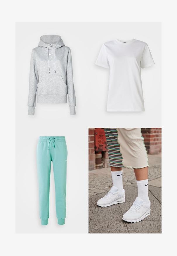 Grå pullover-hoodie med snøre i hætten, frontlomme og ribbehænder. Har en lille hvid Nike-logo på brystet.; Hvid bomulds t-shirt med rund hals og korte ærmer. Stoffet er glat med en blød tekstur og uden synlige mønstre eller detaljer.; Mintgrønne sweatpants med elastisk talje, snoretræk og ribstrikkede manchetter. Har et lille hvidt Nike-logo på venstre lår.; Hvide Nike Air Max 90 sneakers med mesh og læderoverdel, der har en synlig luftenhed, parret med hvide ribbede sokker med sort logo.
