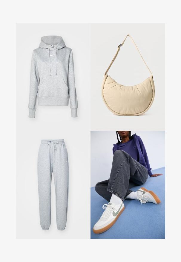Grauer Pullover mit Kapuze, Kordelzug, Vordertasche und gerippten Bündchen. Verfügt über ein kleines weißes Nike-Logo auf der Brust.; Hellgraue Sweatpants aus einem weichen Baumwollmix, mit einem elastischen Bund und Kordelzug, tapered Beinen und gerippten Bündchen. Minimales Branding.; Weiße Nike-Sneaker mit grauen Akzenten, Gummisohle, getragen mit weißen Socken. Dunkelgraue, leicht verwaschene, weit geschnittene Jeans. Blauer Hintergrund.; Beige Halbmond-Schultertasche mit weicher, gepolsterter Textur. Verfügt über einen verstellbaren Riemen und einen Reißverschluss entlang der oberen Kante.