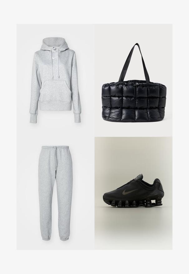 Hall halli pusakaga kapuutsiga, ees tasku ja soonilised mansetid. Rinnal väike valge Nike logo.; Hallid hallid treeningpüksid, mis on valmistatud pehmest, tekstureeritud kangast. Omavad elastset vööd nööriga, kitsenevaid pahkluupesasid ning ei sisalda nähtavaid mustreid ega logosid.; Must Nike tennisejalats lukuga pealisega ja iseloomuliku kevadise jaotusega tallaga, nähtud küljelt neutraalsel taustal.; Mustriline musta kott, millel on pehme tekstuur ja nööriga sulgemine, varustatud kahe pika musta käepidemega.