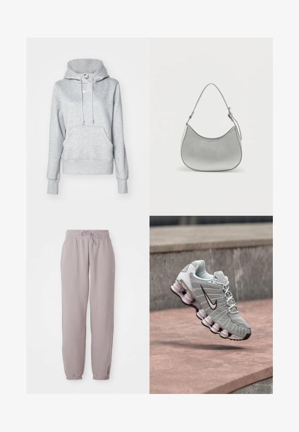 Sweat à capuche gris avec cordon de serrage, poche avant et poignets côtelés. Présente un petit logo Nike blanc sur la poitrine.; Pantalons de survêtement en polaire mauve clair avec taille élastique, cordon de serrage, poches latérales et poignets élastiques, présentés à plat sur un fond blanc.; Baskets Nike gris clair avec logo swoosh noir, lacets blancs et semelle distinctive en forme de ressort, flottant au-dessus d'une surface en pierre.; Sac à main en simili cuir argenté avec une forme incurvée, une courte bandoulière ajustable et une texture lisse, présentant un minimum de détails de couture.