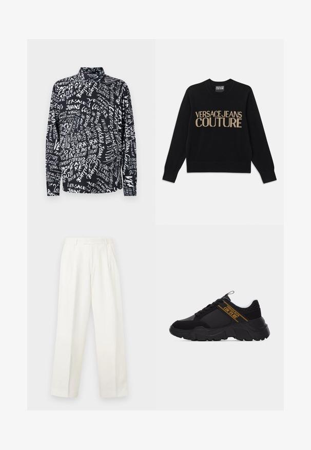 Must mustri, ümmarguse kaelusega, soonikute ja äärtega, millel on kuldne tikand tekstiga "VERSACE JEANS COUTURE."; Must mustärkkide särk, millel on erinevates fontides ja suurustes valge "Versace Jeans Couture" tekst, kõrge krae ja lõdva istuvusega.; Valged kõrge vöökohaga kohandatud püksid, millel on vööaasad, ees voldid ja sirged laiade säärtega, esitatud lihtsal taustal.; Must turske tossud tekstuurse tallaga, kannal mesiemandri muster ja kuldse "Versace Jeans Couture" logoga külje peal.