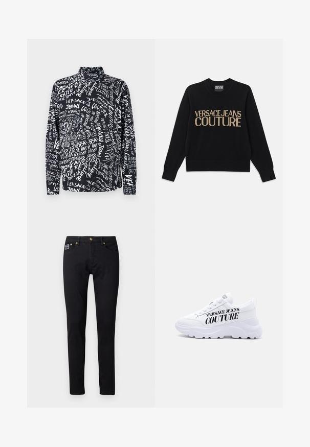 Musta neulepaita, jossa on pyöreä pääntie, ribbireunat hihoissa ja helmassa, sekä kultaisella brodeerattu teksti "VERSACE JEANS COUTURE."; Musta pitkähihaine paita, jossa on valkoista "Versace Jeans Couture" -tekstiä eri fonteilla ja kokoilla, korkea kaulus ja rento istuvuus.; Mustat farkut, joissa on slim fit -leikkaus, kultasävyiset yksityiskohdat, viisi taskua ja pieni brändilogo oikeassa taskussa.; Valkoinen paksupohjainen lenkkari, jossa nauhoitus ja "Versace Jeans Couture" -tekstitys suurilla mustilla kirjaimilla sivussa.