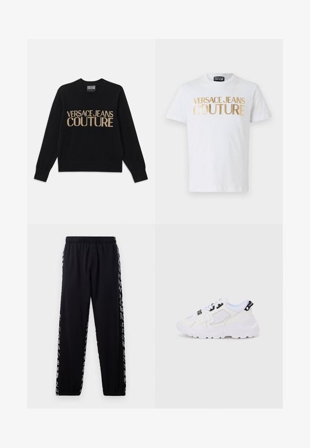 Must mustri, ümmarguse kaelusega, soonikute ja äärtega, millel on kuldne tikand tekstiga "VERSACE JEANS COUTURE."; Valge puuvillane T-särk, millel on esiküljel rasvased kuldsed "VERSACE JEANS COUTURE" tähtedega kiri. Ümmargune kaelus ja lühikesed varrukad.; Mustad mustad püksid elastse paisutusega vöökoha ja pahkluude ümber, mille külgpindadel on valgeid abstraktseid kirjutisi.; Valged spordijalatsid paksu tallaga, võrgust ja sünteetilisest materjalist pealsed, mustad detailid ja paelad. Tekstureeritud disain ja logo kandadel.