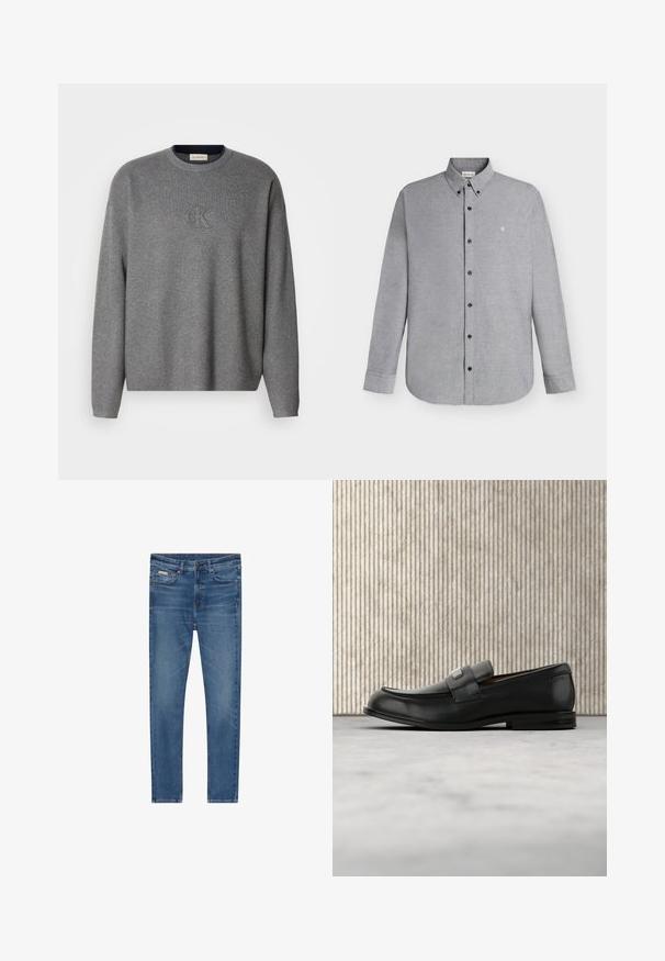 Sudadera de punto gris con cuello redondo, que presenta un logo "ck" en relieve en el pecho y puños acanalados. Textura suave, ajuste relajado.; Camisa de manga larga color gris claro con cierre de botones y cuello abotonado, con un pequeño logo "cK" bordado en el pecho izquierdo.; Vaqueros de mezclilla azul con corte ajustado, cinco bolsillos, cierre con botones y sutiles desgastes en los muslos y las rodillas.; Mocasín de cuero negro con una placa metálica de marca apoyado cerca de una mesa redonda marrón sobre un suelo alfombrado beige.