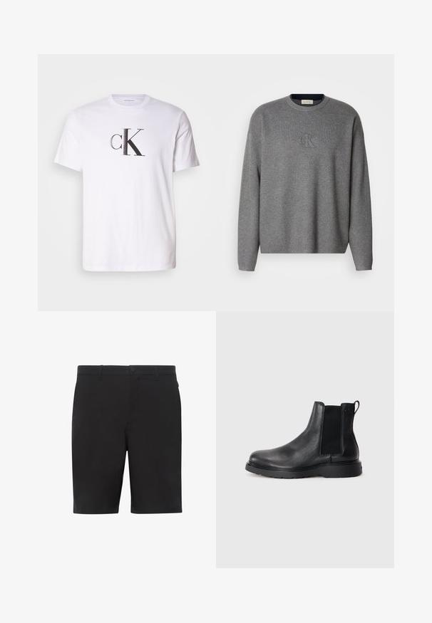 Grauer Strickpullover mit Rundhalsausschnitt, der ein geprägtes "ck"-Logo auf der Brust und gerippte Bündchen trägt. Weicher Stoff, lockere Passform.; Weißes Baumwoll-T-Shirt mit einem auffälligen schwarzen 'cK'-Logo in fetter Schrift auf der Vorderseite. Kurze Ärmel mit einem klassischen Rundhalsausschnitt.; Schwarze Shorts aus leichtem Stoff, mit flacher Vorderseite, normalem Bund und Seitentaschen. Glatte Textur ohne sichtbare Muster.; Schwarze Leder-Chelsea-Boots mit strukturiertem Finish, elastischen seitlichen Einsätzen und einer robusten Gummisohle. Dezentes Branding an der Ferse.