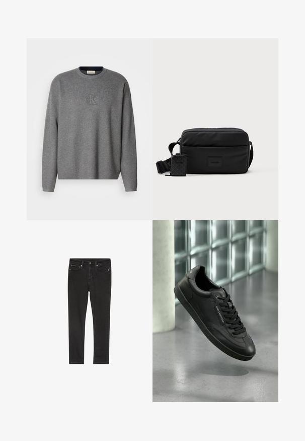 Grauer Strickpullover mit Rundhalsausschnitt, der ein geprägtes "ck"-Logo auf der Brust und gerippte Bündchen trägt. Weicher Stoff, lockere Passform.; Schwarze Denim-Jeans mit schmaler Passform, ausgestattet mit vier Taschen, einem Metallknopfverschluss und leichten Used-Details. Glatte Textur und klassisches Design.; Schwarzer Ledersneaker mit strukturierter Oberfläche, flachen Schnürsenkeln, abgerundeter Zehe und Gummisohle. Verfügt über ein Logodetail an der Seite.; Schwarze Crossbody-Tasche aus glattem Nylon mit rechteckiger Form, ausgestattet mit einem abnehmbaren kleinen Täschchen und einem verstellbaren Schulterriemen.