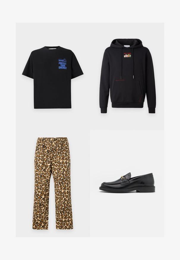 Iceberg FELPA - Hættetrøje - nero; Sort bomulds t-shirt med korte ærmer, der har blå tekst "BESKYT DIN ENERGI" og et grafisk design på den øverste venstre side.; Leopardmønstret bukser i tan, brun og sort. Har en elastisk talje og en afslappet, lige pasform. Letvægtsstof.; Sorte læder loafers med en rund tå, der har guld hardware accent og syningsdetaljer, placeret på en lav, tekstureret gummisål.