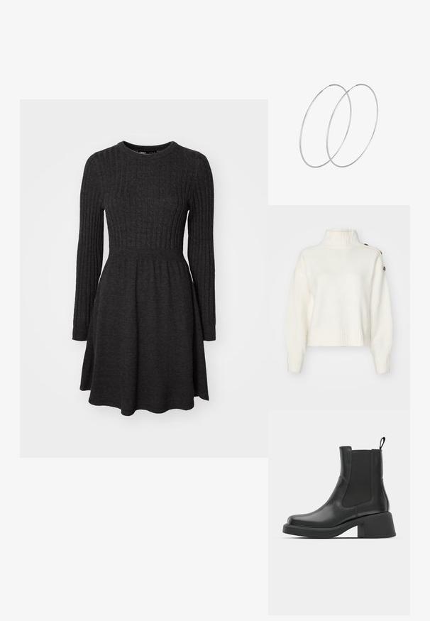 Weißer, flauschiger Pullover mit hohem geripptem Kragen, weiteren Ärmeln und geripptem Saum. Verfügt über Knöpfe an der Schulter für zusätzliche Details.; Dunkelgraues geripptes Strickkleid mit langen Ärmeln, rundem Ausschnitt, figurbetontem Oberteil und ausgestelltem Rock. Weicher Stoff, vielseitiges Design.; Schwarze Leder-Stiefeletten mit elastischen Seitenpanelen, abgerundetem Zehenbereich und einem klobigen Blockabsatz. Glatte Textur mit einem minimalistischen Design.; Silberne Creolen mit minimalistischem Design. Rundform, glatte Oberfläche und dünnes Profil. Leichtgewichtig mit hochglänzender Oberfläche.