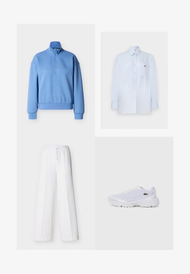 Hellblauer Pullover mit hohem Kragen, halbem Reißverschluss vorne und gerippten Bündchen. Verfügt über ein kleines, gesticktes Logo auf der Brust. Hergestellt aus weichem Stoff.; Hellblaues langärmeliges Hemd mit Knopfleiste, Brusttasche und kleinem grünen Krokodillogo auf der Tasche.; Weiße Weithosen mit elastischem Bund und Kordelzug. Hergestellt aus weichem Stoff mit vertikalen Nähten für einen maßgeschneiderten Look.; Weiße Sportschuhe mit Netzobermaterial, strukturiertem Design und gepolstertem Kragen. Merkmale sind ein grünes Logo an der Seite und eine gepolsterte Sohle für Komfort.