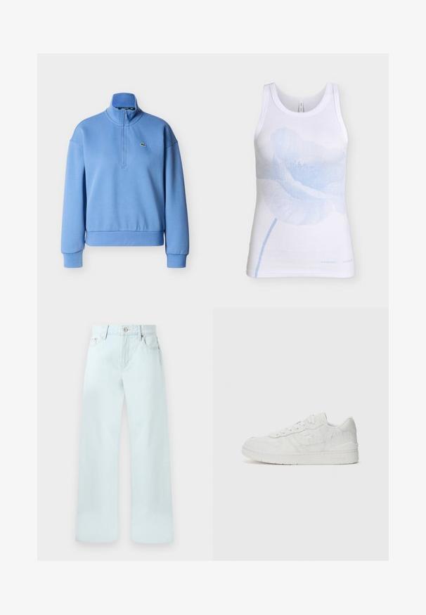Hele sinine pullover kõrge kraega, poole luku ees, soonikkoes varrukate äärtega. Rinnal väike tikitud logo. Valmistatud pehmest kangast.; Valge varrukateta soonikuga tankitop, millel on esiküljel keskel suur helesinine moonilille kujundus.; Hele sinised kõrge vöökohaga laia lõikega teksad ees nupu ja luku, vööaasade ning ees taskutega, taustal ühevärviline taust.; Lacoste T CLIP 125 - Tossud - white