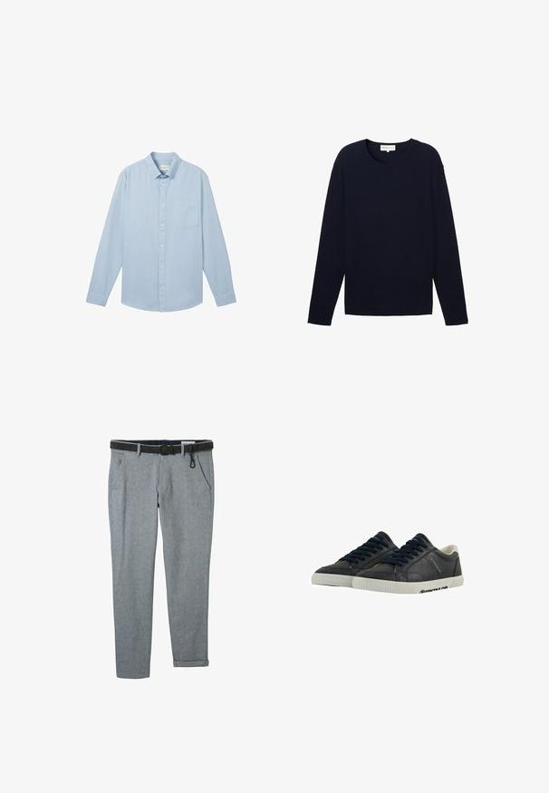 Marineblå langærmet sweater lavet af tekstureret stof med rund halsudskæring og lige kant. Subtil branding nær kanten.; Lyseblå langærmet skjorte lavet af stof med et struktureret mønster, med en button-down krave og en enkelt brystlomme.; Grå vævede bukser med et sort bælte, der har sidelommer og opsmøgede ankler. Stoffet har en subtil tekstur og klassisk pasform.; Marine læder sneakers med hvide gummisåler, rund tå og sorte snørebånd. Subtile teksturer og branding på siderne. Casual design.