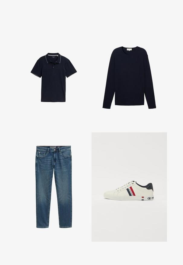 Marineblå langærmet sweater lavet af tekstureret stof med rund halsudskæring og lige kant. Subtil branding nær kanten.; Mørkeblå polo shirt lavet af bomuld, med en klassisk krave, tre-knap lukning og kontrasterende lys grå trim på kraven og ærmerne.; Blå straight-leg jeans med lommer foran og bagpå, knaplukning og let falmet look på lår og knæ. Str. 31/32.; Hvide lærreds sneakers med marineblå accenter og røde lodrette striber. Har en gummisål og logo på siden, struktureret forkort og runde snørebånd.
