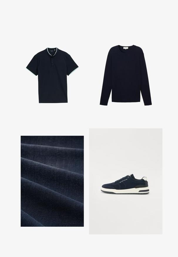 Navyblauer Pullover mit langen Ärmeln aus strukturiertem Stoff, rundem Ausschnitt und geradem Saum. Dezente Markierung nahe dem Saum.; Marineblaues Poloshirt aus strukturiertem Stoff, mit Stehkragen, drei Knöpfen und hellblauen Akzenten am Kragen und den Ärmeln.; Dunkelblaue Denim-Stoff mit geripptem Muster, das Falten und Wellen zeigt und somit sein Gewicht und seine Strapazierfähigkeit betont.; Marineblaue Stricksneaker mit weißen und marineblauen Akzenten, runder Zehenpartie, gepolsterter Sohle und Schnürverschluss. Texturierte Seitenpaneele sichtbar.