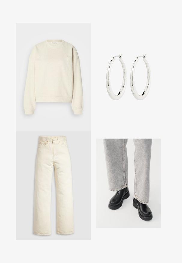 Hellbeiges Sweatshirt mit Rundhalsausschnitt aus weichem, strukturiertem Stoff mit Raglanärmeln sowie gerippten Bündchen an Ärmeln und Saum. Schlichtes Design. Keine Muster.; Jeans mit weitem Bein aus offweißem Denim, mit hohem Bund, kupferfarbenen Nieten und klassischem Fünf-Taschen-Design. Strukturierter Stoff mit sauberen Säumen.; Vagabond COSMO - Plateaustiefelette - black; Silberne Creolen mit einer glatten, glänzenden Oberfläche. Kreisform, ausgestattet mit einem sicheren Verschluss. Einfaches und elegantes Design.