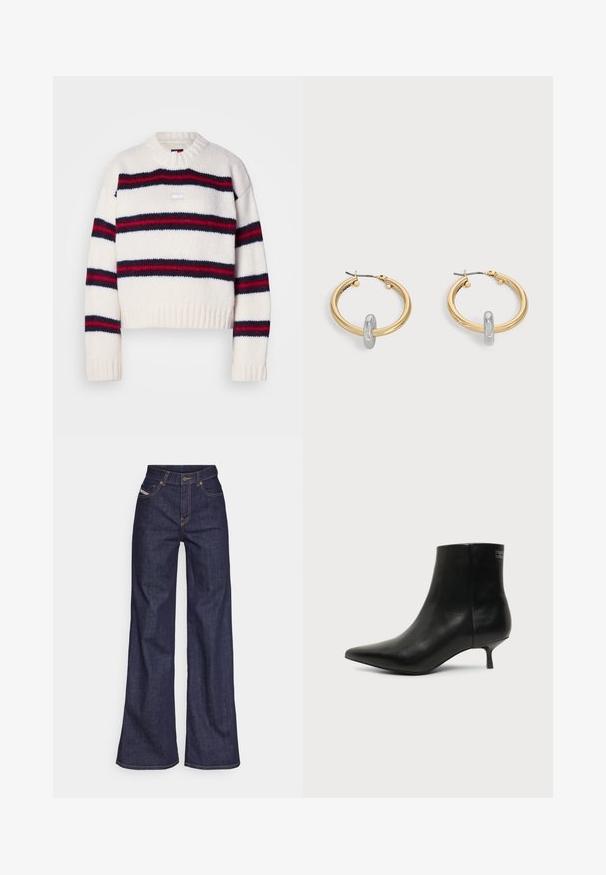Gehaakte cropped trui in crème, met horizontale strepen in marineblauw en rood. Ronde halslijn en geribbelde zoomdetails. Textuurstof.; Donkerblauwe wijde jeans van denimstof met een hoge taille, voorzien van oranje stiksels, een vijf-pocket ontwerp en een knoopsluiting.; Zwart leren enkellaars met puntige neus en lage kittenhak op lichte achtergrond, zijaanzicht buitenkant.; Paar goudkleurige creolen met kleine zilverkleurige lusdetail op elk, weergegeven tegen een lichtgrijze achtergrond.