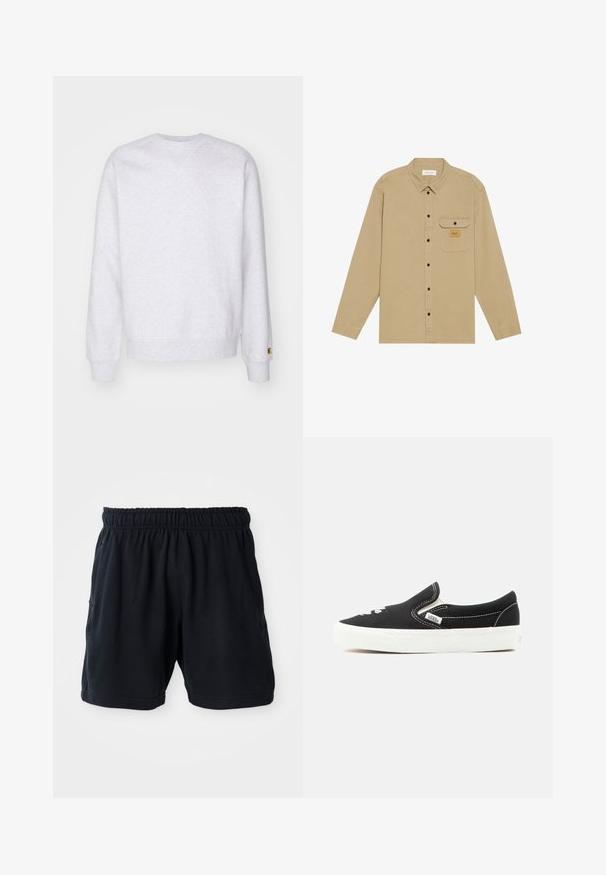 Sudadera gris clara con cuello redondo, mangas largas, puños acanalados y un pequeño parche de logo cerca del dobladillo. Hecha de tela suave.; Camisa de manga larga color beige hecha de algodón, con cuello tipo botón, botones negros, un bolsillo en el pecho y una etiqueta de marca en el bolsillo.; Shorts deportivos negros hechos de tela suave, con una cinturilla elástica y dos bolsillos laterales para mayor comodidad.; Zapatilla Vans negra sin cordones con suela de goma blanca, costuras blancas y detalles elásticos en los laterales, vista desde el lado exterior.