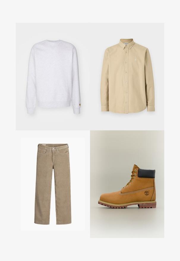 Sweatshirt gris clair avec un col rond, des manches longues, des poignets côtelés et un petit logo brodé près de l'ourlet. Fabriqué en tissu doux.; Chemise beige à manches longues avec boutons sur le devant, col boutonné et petit logo sur la poitrine gauche, présentée sur un fond uni.; Pantalon en velours côtelé de couleur brun clair, au design ample, doté d'une fermeture à bouton et à zip, de cinq poches et d'une texture douce et côtelée.; Bottine en cuir marron avec col noir, lacets jaunes et semelle beige. Présente un logo et des détails de couture blanche. Semelle extérieure à traction robuste.