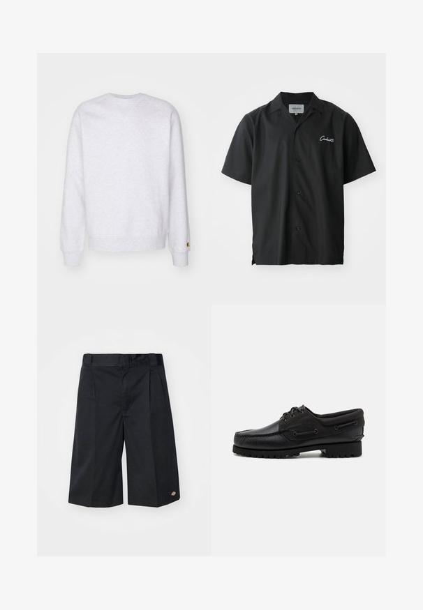 Helles graues Sweatshirt mit Rundhalsausschnitt, langen Ärmeln, gerippten Bündchen und einem kleinen Logo-Patch nahe dem Saum. Aus weichem Stoff gefertigt.; Schwarzes kurzärmliges Hemd mit Knopfleiste und Campkragen, ausgestattet mit einem weißen gestickten Logo auf der Brust und einer lässigen Passform.; Schwarze Shorts mit maßgeschneidertem Design, mit flachen Vorderfalten, einem standardmäßigen Bund und Seitentaschen. Hergestellt aus robustem Stoff.; Schwarzer Schuh mit einem Obermaterial aus Leder, textilen Akzenten, runden Schnürsenkeln und einer strukturierten Gummisohle. Verfügt über Mokassin-Nähte und eine Markeninschrift.