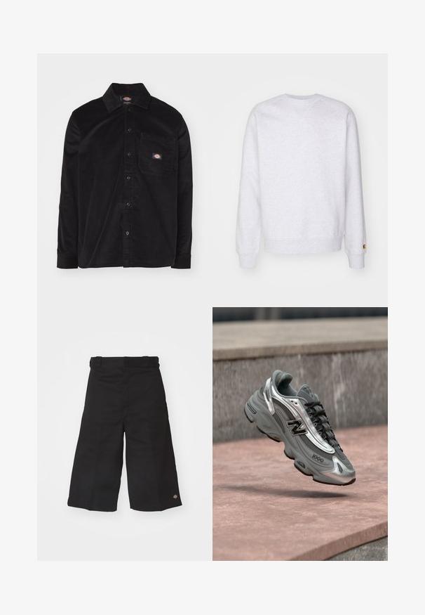 Lys grå sweatshirt med rund halsudskæring, lange ærmer, ribbede manchetter og et lille logo-patch nær kanten. Fremstillet af blødt stof.; Sort corduroy skjorte med knap-ned krave, lange ærmer, forlommek og logo patch. Har et struktureret stof mønster.; Sorte, brede shorts lavet af slidstærkt stof. Har en glat tekstur og et lille logo på kanten. Fire bæltesløjfer i taljen.; Grå og sølvfarvet New Balance-sneaker mærket "1000", der svæver over en rosafarvet stenet overflade med en grå stenvæg i baggrunden.