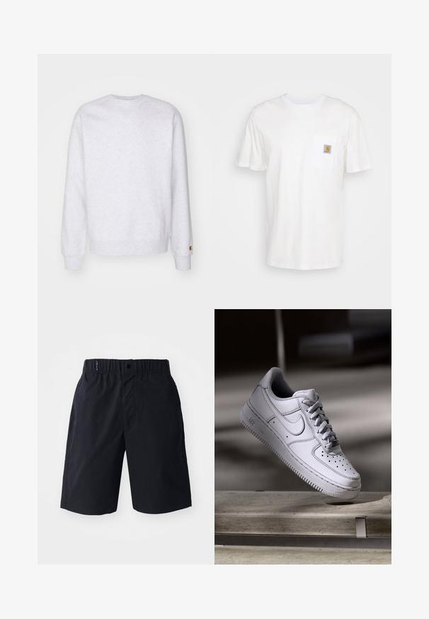 Lys grå sweatshirt med rund halsudskæring, lange ærmer, ribbede manchetter og et lille logo-patch nær kanten. Fremstillet af blødt stof.; Hvid bomulds T-shirt med korte ærmer, en brystlomme, og et lille firkantet logo patch i orange og hvid på lommen.; Sorte shorts lavet af letvægtsstof, med flad front, elastisk talje og sidelommer. Enkel design uden mønstre.; Hvid læder Nike Air Force 1 sneaker med perforeret tå, flade snørebånd og tekstureret gummisål med "AIR" branding på siden.