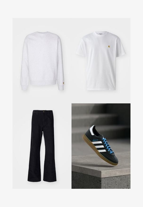 Lichtgrijze sweatshirt met een ronde hals, lange mouwen, geribbelde manchetten en een klein logo-label nabij de zoom. Gemaakt van zachte stof.; Witte katoenen t-shirt met korte mouwen en ronde hals, voorzien van een klein gouden logo op de linkerkant van de borst. Zachte textuur en een normale pasvorm.; Zwarte, katoenen flared broeken met een traditionele tailleband, enkele knoop aan de voorkant en zakken aan de zijkanten en achterkant. Glad textuur.; Zwarte Adidas-sneaker met witte strepen, blauwe veters en een gumzool die boven een grijze betonnen trede zweeft in zacht licht.