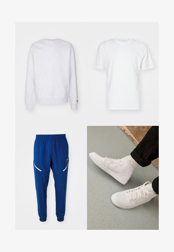 Svetlo šedá mikina s okrúhlym výstrihom, dlhými rukávmi, rebrovanými manžetami a malým logom v blízkosti lemu. Vyrobená z jemného materiálu.; Biela bavlnená tričko s krátkymi rukávmi, okrúhlym výstrihom a hladkou textúrou. Jednoduchý dizajn bez vzorov alebo grafiky.; Kráľovsky modré športové nohavice s elastickým pásom a manžetami, biele zakrivené reflexné prúžky na stehnách a malé biele logo na pravej strane.; Biele vysoké tenisky vyrobené z hladkej kože s perforovaným špičkou, šnurovacím uzáverom a nenápadným logom na boku. Textúrovaná gumová podrážka.