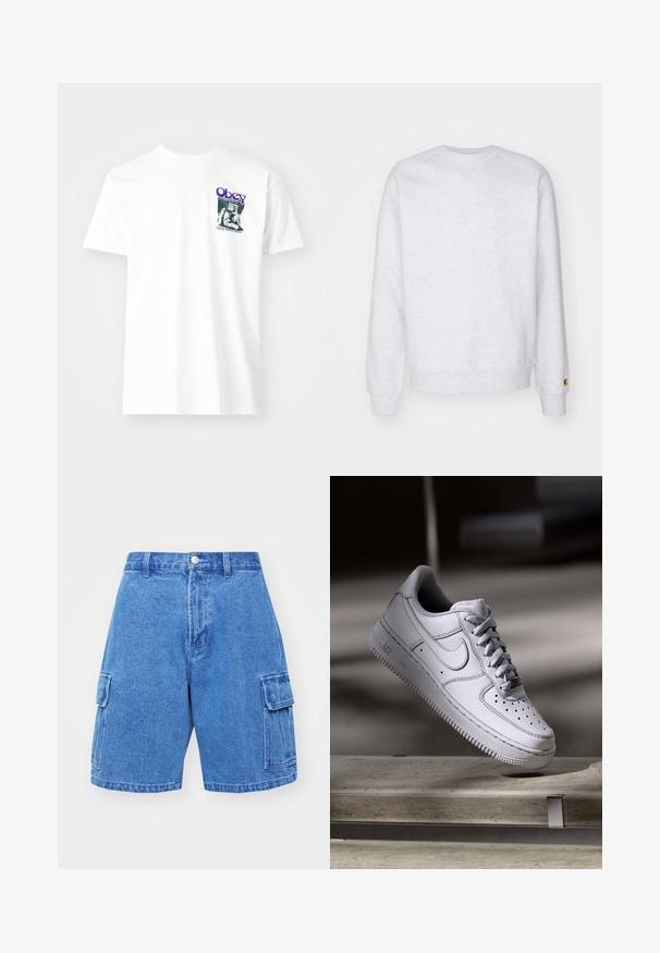 Helles graues Sweatshirt mit Rundhalsausschnitt, langen Ärmeln, gerippten Bündchen und einem kleinen Logo-Patch nahe dem Saum. Aus weichem Stoff gefertigt.; Weißes Baumwoll-T-Shirt mit einem grafischen Druck in Lila, der eine sitzende Figur zeigt, mit dem Text "Obey" und "Stop Worry Now!" in Schwarz.; Obey Clothing BIGWIG BAGGY - Jeans Shorts - light indigo; Weißer Nike Air Force 1 Sneaker aus Leder mit perforierter Zehenpartie, flachen Schnürsenkeln und strukturierter Gummisohle mit "AIR"-Branding an der Seite.