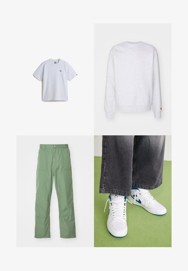 Lys grå sweatshirt med rund halsudskæring, lange ærmer, ribbede manchetter og et lille logo-patch nær kanten. Fremstillet af blødt stof.; Lys grå kortærmet t-shirt lavet af bomuld, med et lille sort logo på brystet og en rund halsudskæring. Enkel design, ingen mønstre.; Lysgrønne, afslappede bukser med en glat tekstur, der har sidelommer og synlige syninger. Hel længde med et lige ben-design.; Hvide højtop sneakers med blå accenter, perforeret tå boks og hvide snørebånd. Båret med løse grå denim bukser på en grøn overflade.