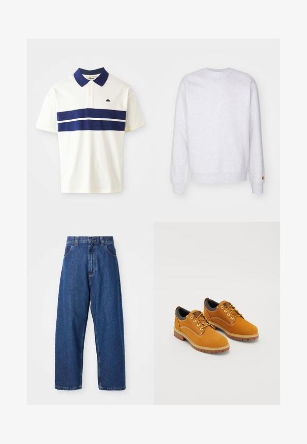 Sweatshirt gris clair avec un col rond, des manches longues, des poignets côtelés et un petit logo brodé près de l'ourlet. Fabriqué en tissu doux.; T-shirt polo blanc avec des rayures marines sur la poitrine et le col. Il a des manches courtes et un petit logo sur le côté gauche près du col.; Jean large en denim bleu foncé. Présente une taille haute, des passants de ceinture et un design classique à cinq poches. Ourlet piqué avec une finition soignée.; Chaussures en daim marron avec un bout rond, des lacets jaunes, un col rembourré noir et des semelles en caoutchouc avec des rainures de traction.