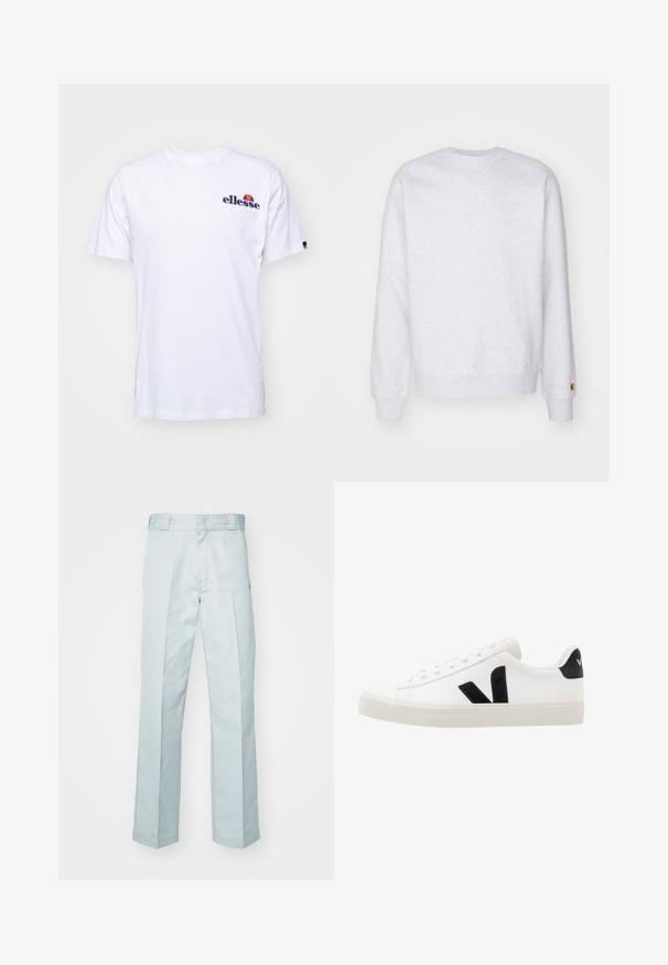 Lichtgrijze sweatshirt met een ronde hals, lange mouwen, geribbelde manchetten en een klein logo-label nabij de zoom. Gemaakt van zachte stof.; Witte katoenen T-shirt met korte mouwen, voorzien van een marineblauw geborduurd logo op de linkerborst en een levendige kleurenaccent boven het logo.; Lichtblauwe katoenen broeken met een rechte pijp, voorzien van subtiele plooi lijnen en een gladde textuur, afgewerkt met een standaard tailleband.; Witte leren sneaker met zwarte suède accenten; voorzien van een rubberen zool, ronde neus en een klassieke vetersluiting. Zijkant met logo in het zwart.