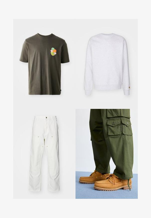Lys grå sweatshirt med rund halsudskæring, lange ærmer, ribbede manchetter og et lille logo-patch nær kanten. Fremstillet af blødt stof.; Mørkeolivengrøn bomulds t-shirt med rund hals. Har et farverigt trykt design af cirkulære former på venstre brystområde.; Hvide bomulds cargo bukser med en afslappet pasform. Funktioner inkluderer for- og baglommer, guldfarvede hardware detaljer og forstærkede knæsektioner.; Timberland AUTHENTIC 3 EYE - Sejlersko - wheat