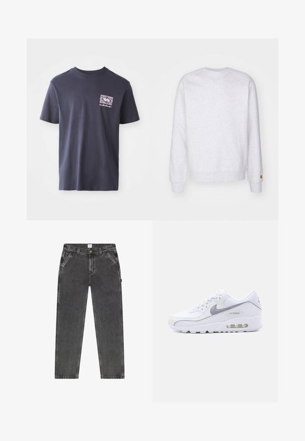 Sudadera gris clara con cuello redondo, mangas largas, puños acanalados y un pequeño parche de logo cerca del dobladillo. Hecha de tela suave.; Camiseta de algodón azul marino con cuello redondo y mangas cortas. Presenta un estampado gráfico geométrico en púrpura y blanco en el lado izquierdo del pecho.; Pantalones vaqueros rectos lavados en negro con bolsillos delanteros, trabillas para cinturón y cierre de botón, con etiqueta Lee en la cintura.; Zapatilla Nike Air Max blanca y gris con amortiguación de aire visible en la suela, parte superior de malla y cuero, y el logo de Nike en el lateral.