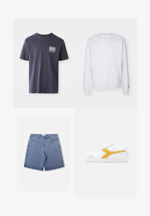 Sudadera gris clara con cuello redondo, mangas largas, puños acanalados y un pequeño parche de logo cerca del dobladillo. Hecha de tela suave.; Camiseta de algodón azul marino con cuello redondo y mangas cortas. Presenta un estampado gráfico geométrico en púrpura y blanco en el lado izquierdo del pecho.; Pantalones cortos de mezclilla azul con trabillas para cinturón, bolsillos frontales, cierre de botones y pequeño bordado naranja en el bolsillo izquierdo.; Zapatillas blancas con un detalle de ante amarillo y suela de goma texturizada, con una parte superior de cuero liso y diseño con cordones.