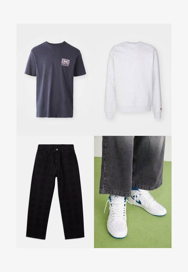 Sudadera gris clara con cuello redondo, mangas largas, puños acanalados y un pequeño parche de logo cerca del dobladillo. Hecha de tela suave.; Camiseta de algodón azul marino con cuello redondo y mangas cortas. Presenta un estampado gráfico geométrico en púrpura y blanco en el lado izquierdo del pecho.; Jeans de mezclilla negra con un ajuste relajado, que cuentan con cierre de botones, diseño de cinco bolsillos y un patrón texturizado sutil en toda la tela.; Zapatillas altas blancas con acentos azules, caja de puntera perforada y cordones blancos. Llevadas con pantalones de mezclilla grises sueltos sobre una superficie verde.