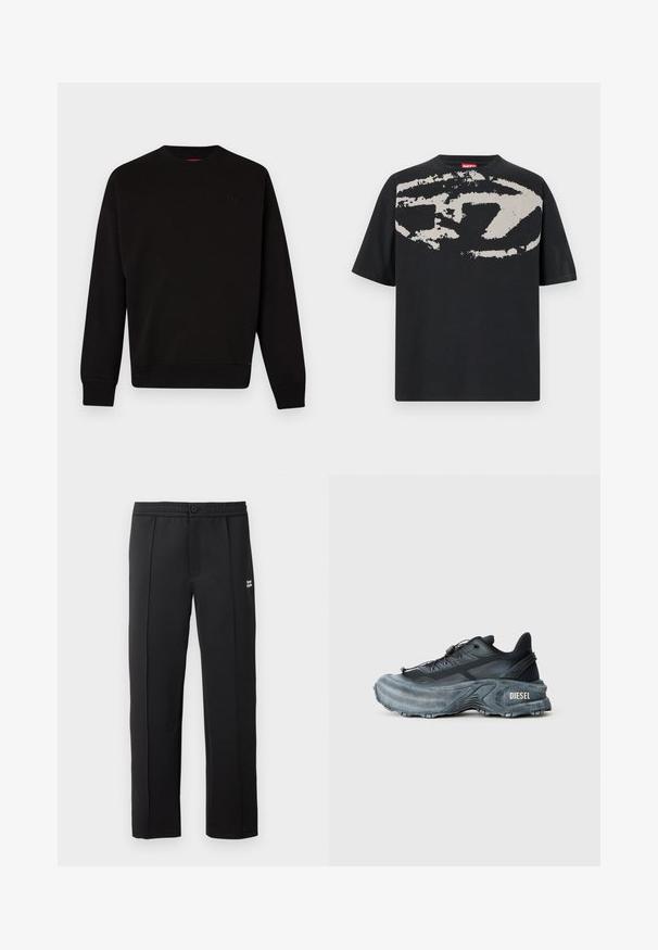 Sort sweatshirt lavet af blød stof, med rund halsudskæring, ribbede manchetter og kant, samt et diskret logo på brystet.; Sort t-shirt med et stort, abstrakt lys grå grafik foran. Korte ærmer og en klassisk rund halsudskæring. Materialet er bomuld.; Sorte bukser lavet af glat stof, der har en knaplukning, sidelommer og et lille logo på forsiden. Lige ben design.; Sort og grå Diesel sneakers med tyk sål, snørrebåndslukning og tekstureret design på en ensfarvet lysegrå baggrund.