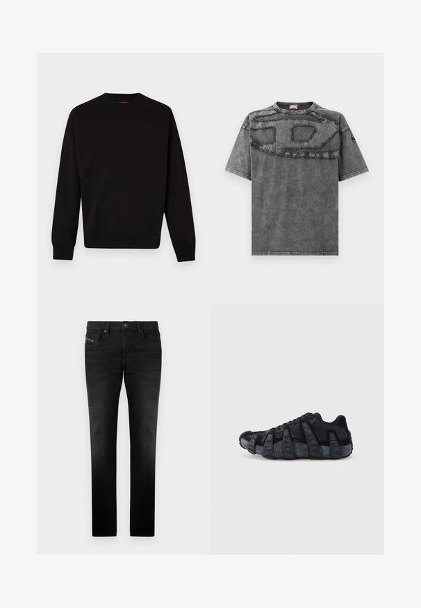 Zwarte sweatshirt gemaakt van zachte stof, met een ronde halslijn, geribde manchetten en onderrand, en een subtiele logo op de borst.; Grijze denim T-shirt met korte mouwen, voorzien van een gestructureerd patch-ontwerp over de borst en subtiele distressed details in de stof.; Zwarte spijkerbroek van denim met een rechte snit, voorzien van voorzakken en een metalen knoopsluiting, met een gladde textuur en subtiele stiksels.; Zwarte sneaker met een opvallende geribbelde zool, veterontwerp en een bovenwerk van gemengd textiel en suède, weergegeven vanaf de buitenkant op een witte achtergrond.