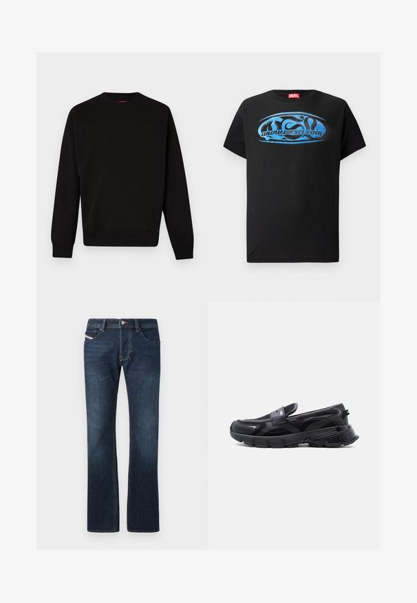 Sudadera negra de tejido suave, con cuello redondo, puños y dobladillo acanalados, y un sutil logo en el pecho.; Camiseta de manga corta negra de algodón, con un diseño gráfico azul que incluye el texto "www.diesel.com" en el frente.; Jeans de mezclilla azul oscuro con corte recto, cinco bolsillos y detalles de costura sutiles. Cuenta con cierre de botón metálico y cremallera.; Zapatilla negra sin cordones con suela gruesa y texturizada y paneles de malla, diseñada para uso casual y deportivo.