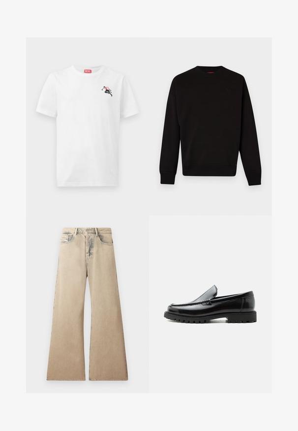 Sort sweatshirt lavet af blød stof, med rund halsudskæring, ribbede manchetter og kant, samt et diskret logo på brystet.; Hvid bomulds-T-shirt med en lille sort og rød grafik på venstre bryst og et rødt logomærke ved halsudskæringen. Korte ærmer, rund hals.; Beige brede jeans med falmet tekstur, fem-lomme design og syet detaljering langs sømmene. Midjebåndet har en traditionel knaplukning.; Sort læderloafer med chunky gummisål, syet overdel og præget mærkenavn på hælen, vist i sideprofil på hvid baggrund.