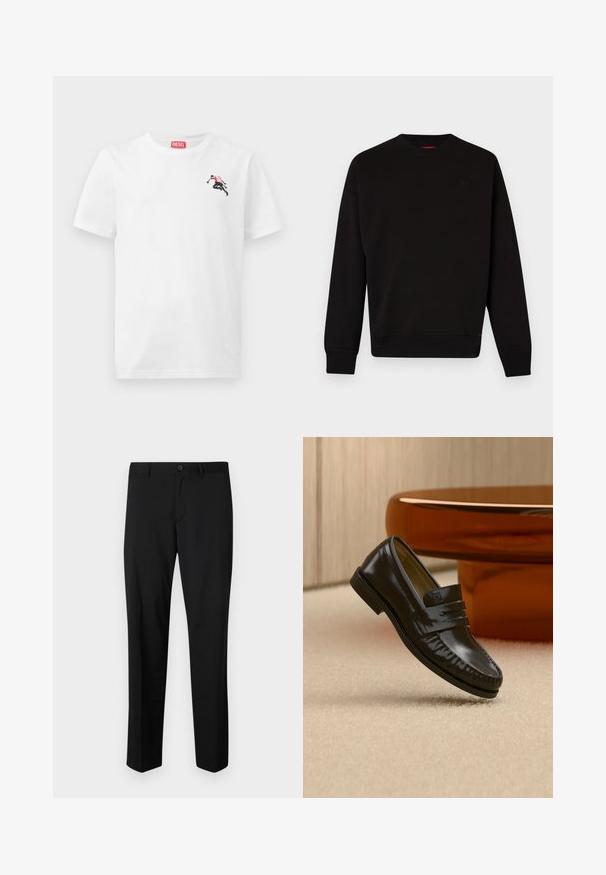 Zwarte sweatshirt gemaakt van zachte stof, met een ronde halslijn, geribde manchetten en onderrand, en een subtiele logo op de borst.; Wit katoenen T-shirt met een kleine zwart-rode afbeelding op de linkerborst en een rood logolabel bij de halslijn. Korte mouwen, ronde hals.; Zwarte op maat gemaakte broek met een platte voorkant, standaard taille en rechte pijpen. Gemaakt van een gladde stof, met een enkele knoopsluiting.; Glanzende zwarte leren loafer met een banddetail, geplaatst op een beige tapijt naast een ronde bruine salontafel in een zacht verlichte kamer.
