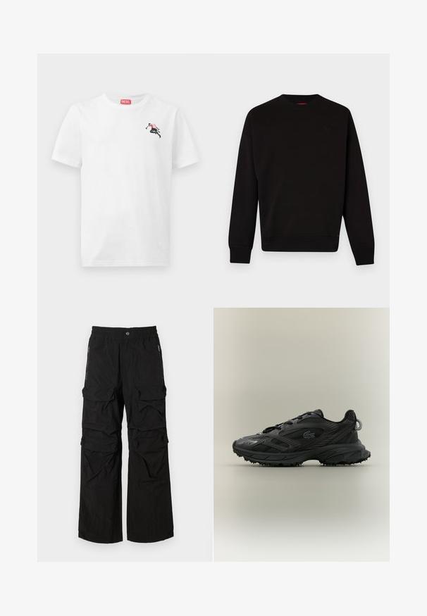 Schwarzer Pullover aus weichem Stoff mit Rundhalsausschnitt, gerippten Bündchen und Saum sowie einem dezenten Logo auf der Brust.; Weißes Baumwoll-T-Shirt mit einer kleinen schwarz-roten Grafik auf der linken Brust und einem roten Logolabel im Nacken. Kurze Ärmel, Rundhalsausschnitt.; Schwarze Cargo-Hosen mit elastischem Bund, mehreren großen Taschen und seitlichen Reißverschlusstaschen. Aus leichtem, strukturiertem Stoff hergestellt.; Schwarzer Sportschuh mit strukturiertem Obermaterial, eleganten Linien, Schnürverschluss und Gummilaufsohle mit Traktionsspikes. Prägung des Logodesigns.