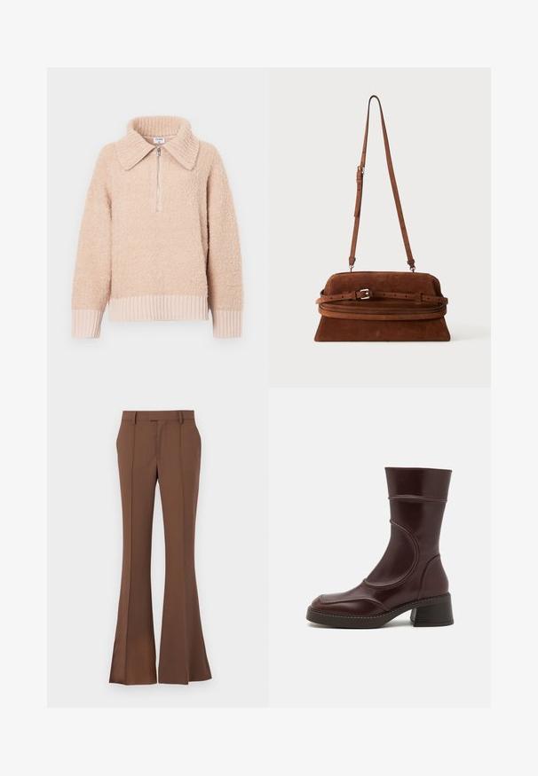 Beige fleece pullover met een kraag en een halve rits. Ribgebreide manchetten en zoom. Zachte textuur met een gezellige uitstraling.; Bruine uitlopende broek van gladde stof, met een platte voorkant, riemlussen en een op maat gemaakte pasvorm met subtiele plooi-details.; MIISTA MALENE - Lage laarzen - brown; Bruine suède schoudertas met lange verstelbare band en gespdetail aan de voorkant, afgebeeld tegen een effen achtergrond.