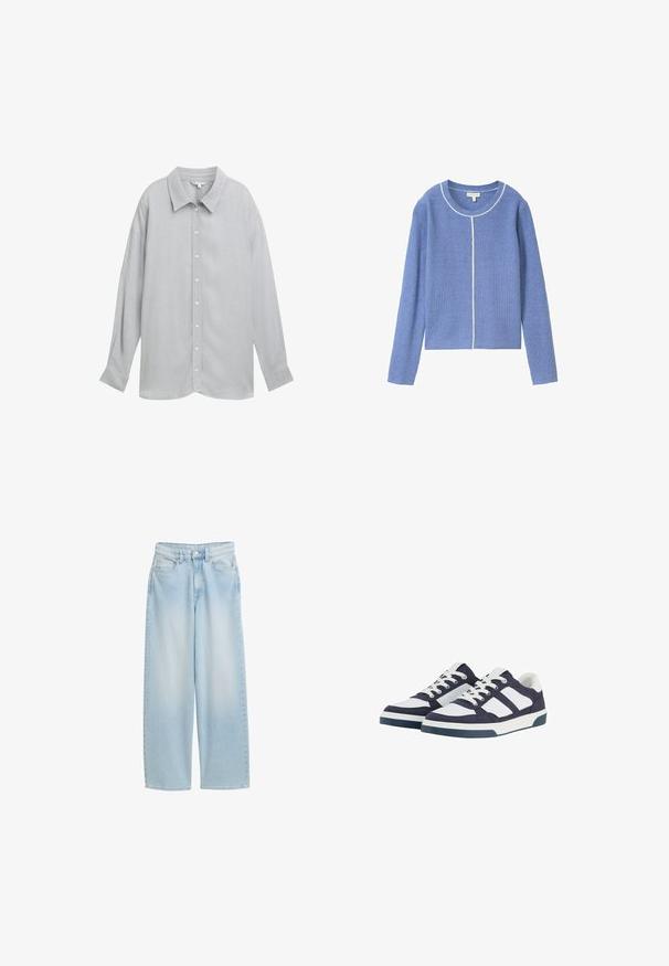Suéter azul con canalé, de manga larga, cuello redondo y una línea de acento blanca. Textura suave, de longitud corta y corte recto.; Camisa de botón de manga larga gris con cuello, hecha de una tela ligera y con una textura sutil y botones blancos.; Jeans vaqueros de mezclilla azul claro con pierna ancha, talle alto, cierre frontal con botones y cremallera, y cinco bolsillos.; Zapatillas de lona en navy y blanco con un diseño de corte bajo, que presentan cierres de cordones, suelas de goma y acentos a rayas en contraste.