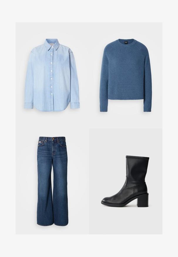 Lunt blå sweater lavet af blødt stof, med en ribbede halsudskæring og manchetter, afslappet pasform og subtil struktur.; Lyseblå denimskjorte, lange ærmer, standard krave, frontend-knaplukning, rundet kant, glat tekstur med let falming.; Bredde jeans lavet af mørkeblåt denim. Funktioner inkluderer en høj talje, fem lommer og kontrasterende orange syninger langs sømmene.; Sort læder ankelstøvle med rund tå, glat tekstur og en grov hæl, der har et tætsiddende skaft og subtil syning.