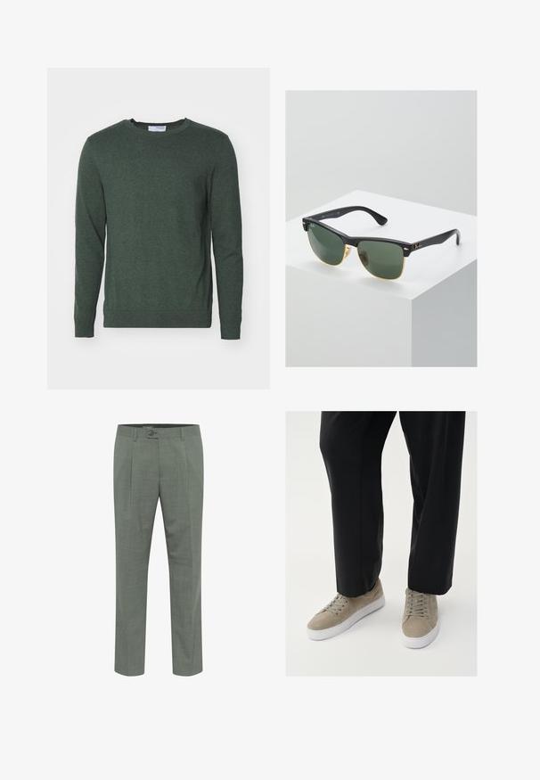 Grüner Rundhalsausschnitt-Pullover aus einem strukturierten Strickstoff. Mit langen Ärmeln und gerippten Bündchen und Saum für eine enganliegende Optik.; Maßgeschneiderte grüne Hosen mit strukturierter Oberfläche, ausgestattet mit einem einzelnen Knopfverschluss und einem gefältelten Vorderdesign. Gerader Beinabschluss.; Hellgraue Wildledersneaker mit einer weißen Gummisohle, runden Schnürsenkeln und minimalistischer Gestaltung, kombiniert mit schwarzen Hosen.; Ray-Ban Sonnenbrillen mit grünen Gläsern, schwarzen Kunststoffrahmen und goldenen Akzenten an den Rändern. Quadratische Form mit matter Oberfläche.