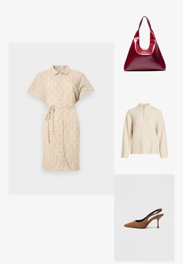 Cremefarvet strikket pullover med høj krave og halvlukning; har et struktureret kabelmønster samt ribbede manchetter og kant.; Beige kjole med et muslingen mønster, korte ærmer, knaplukning fortil og et bælte i taljen. Fremstillet af letvægtsstof.; Brune ruskind slingback-høje hæle med spids tås design, en tynd stiletthæl og en spænde-accent på remmen. Tekstureret finish.; Rød blank lædertaske med en trekantet form, bred åbning foroven og et enkelt buet håndtag. Glat tekstur med minimale sømdetaljer.